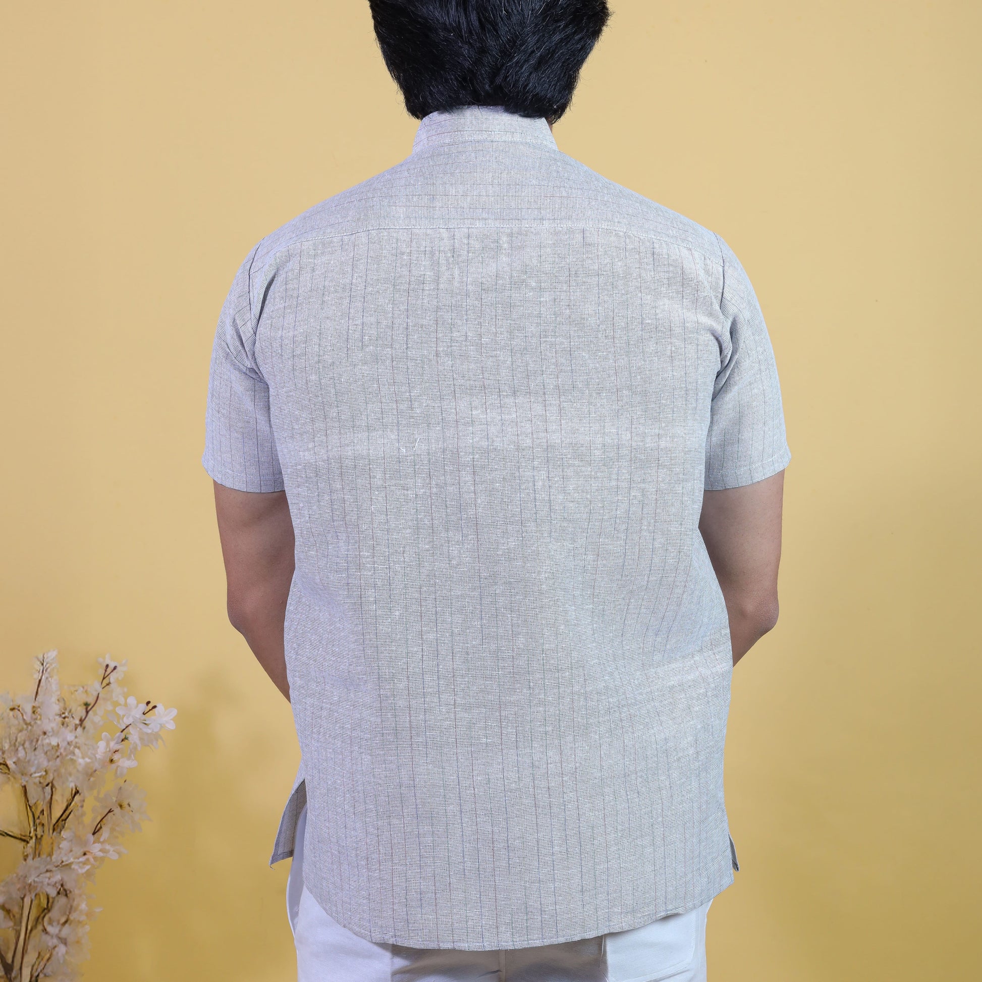 Back view of grey handwoven texture kurta for men
