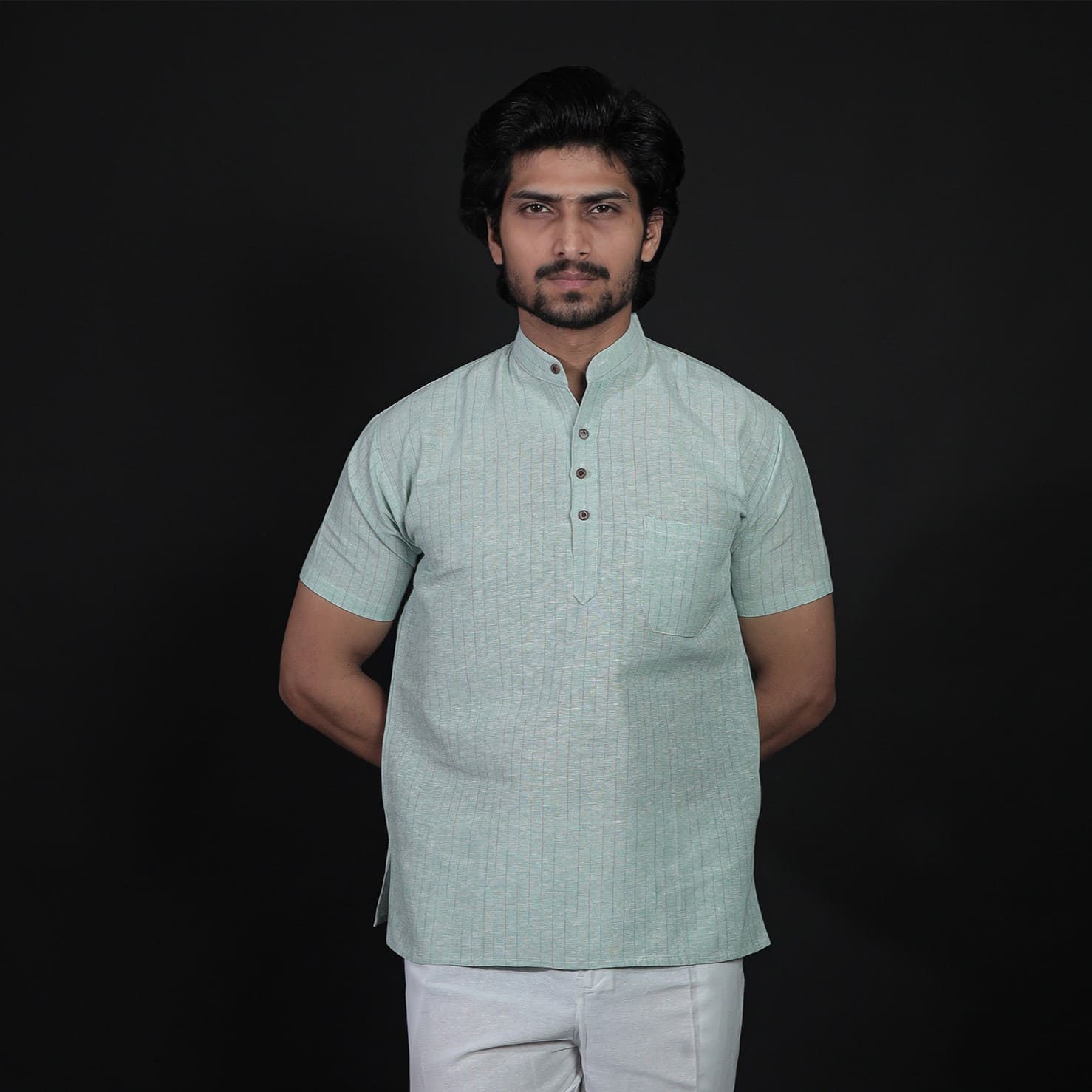 Green Softline half sleeves kurta pant combo set front view for men