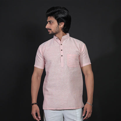 Orange softline half sleeves khadi kurta pant combo set front view for men