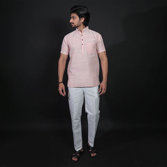 Full orange kurta and white pant combo outfit for men