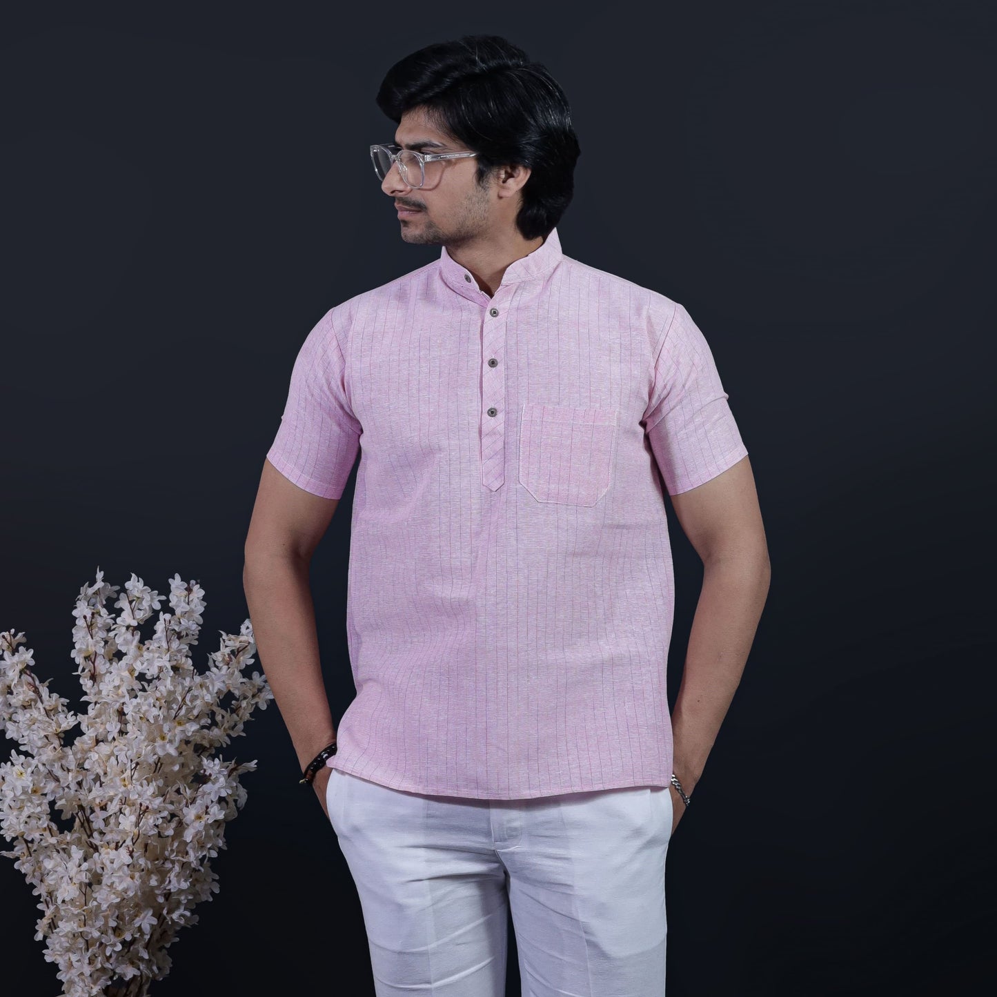 Pink Softline Half Sleeves Kurta Pant Combo Set front view for men