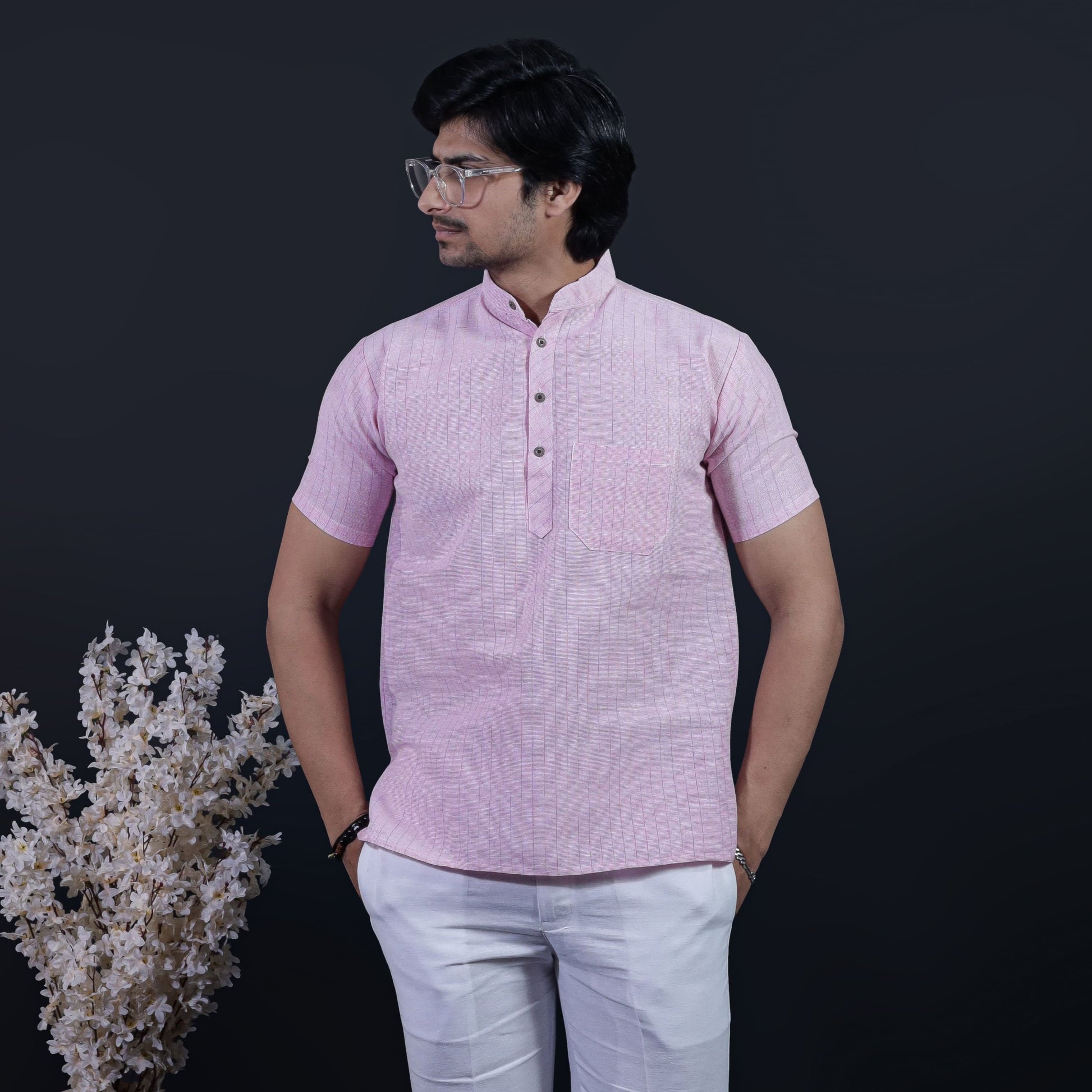 Pink Softline Half Sleeves Kurta Pant Combo Set front view for men