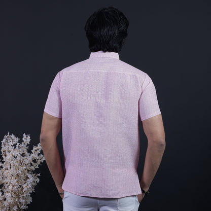 Back view of pink handwoven-style striped kurta for men