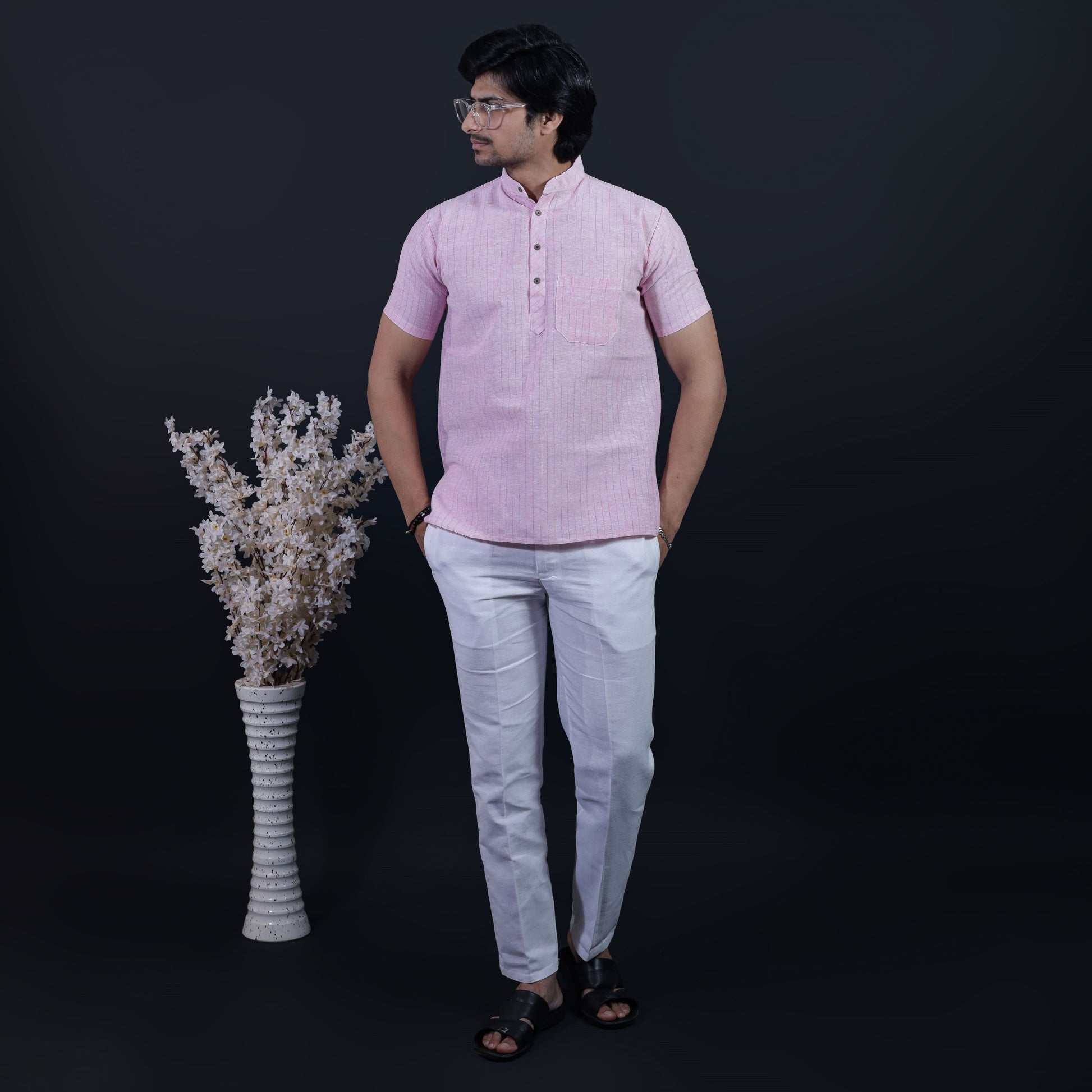 Full-length pink kurta white pant ethnic combo set for men