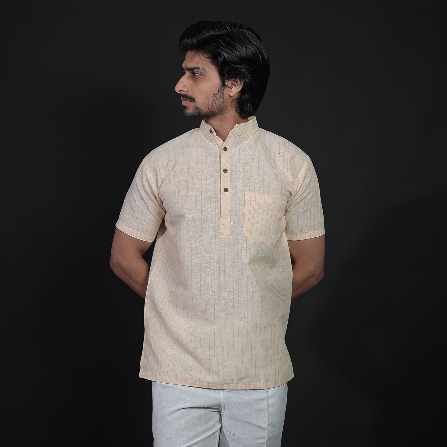 Yellow softline half sleeves khadi kurta pant combo set front view for men