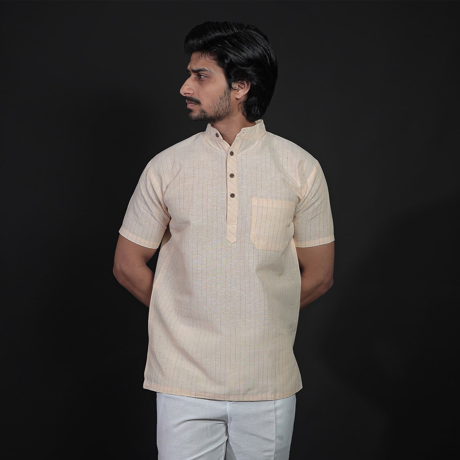 Yellow softline half sleeves khadi kurta pant combo set front view for men