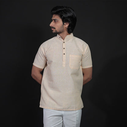 Yellow softline half sleeves khadi kurta pant combo set front view for men