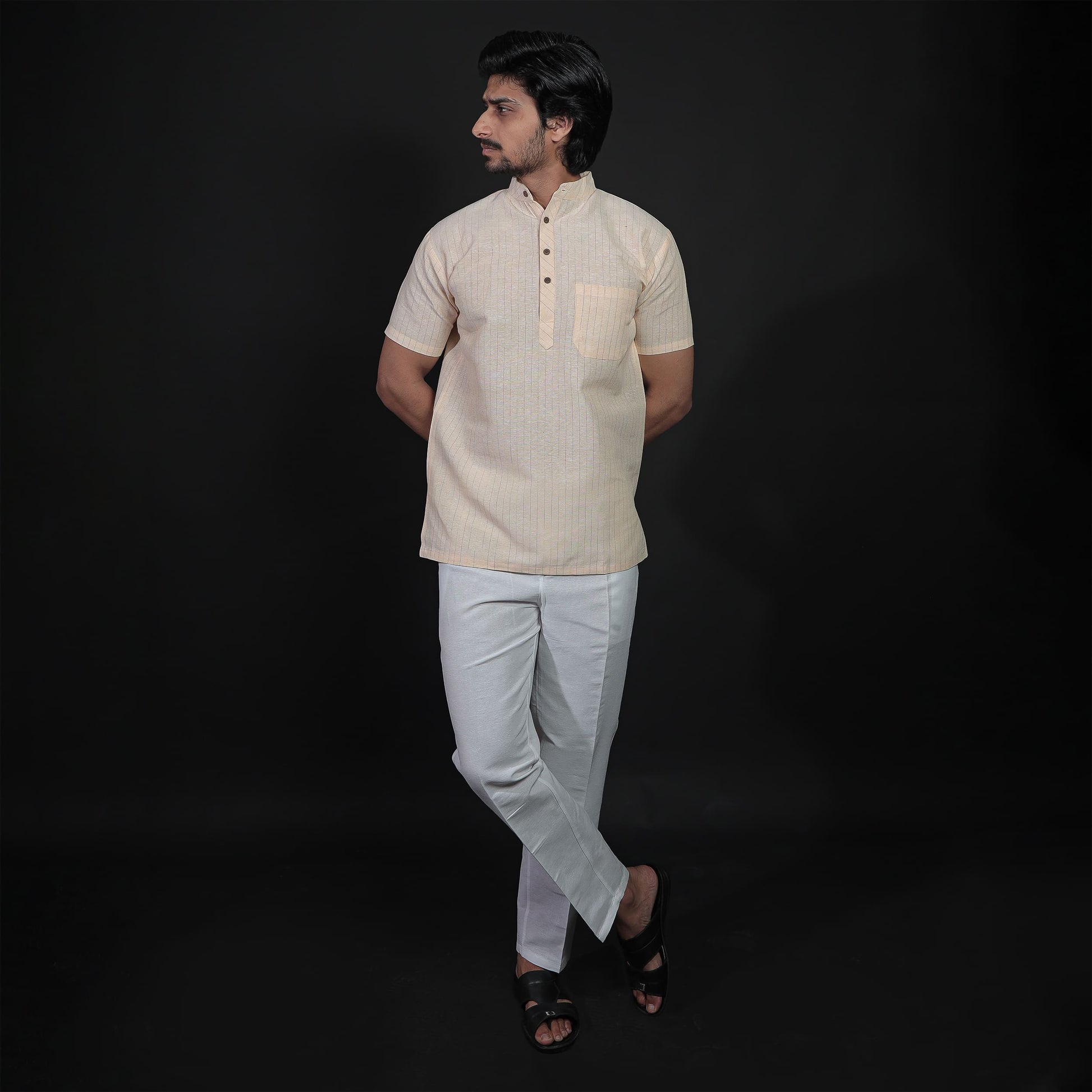 Full outfit look of yellow kurta with white pant combo set