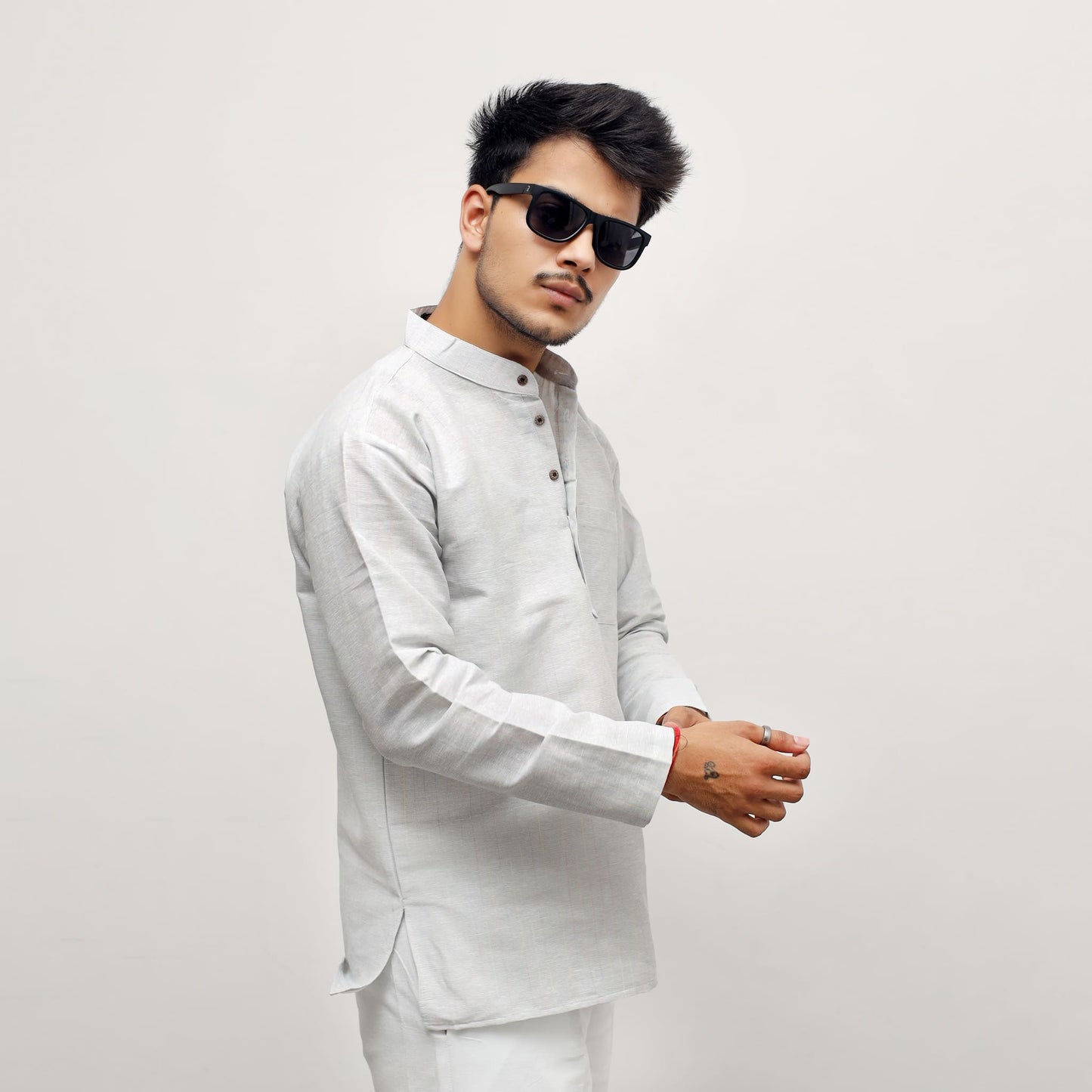 Grey Tone Full Sleeves Khadi Short Kurta side pose modern fit