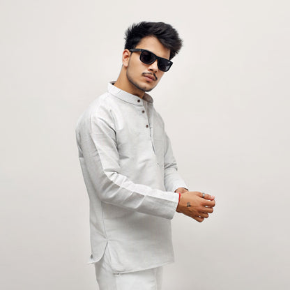 Grey Tone Full Sleeves Khadi Short Kurta side pose modern fit