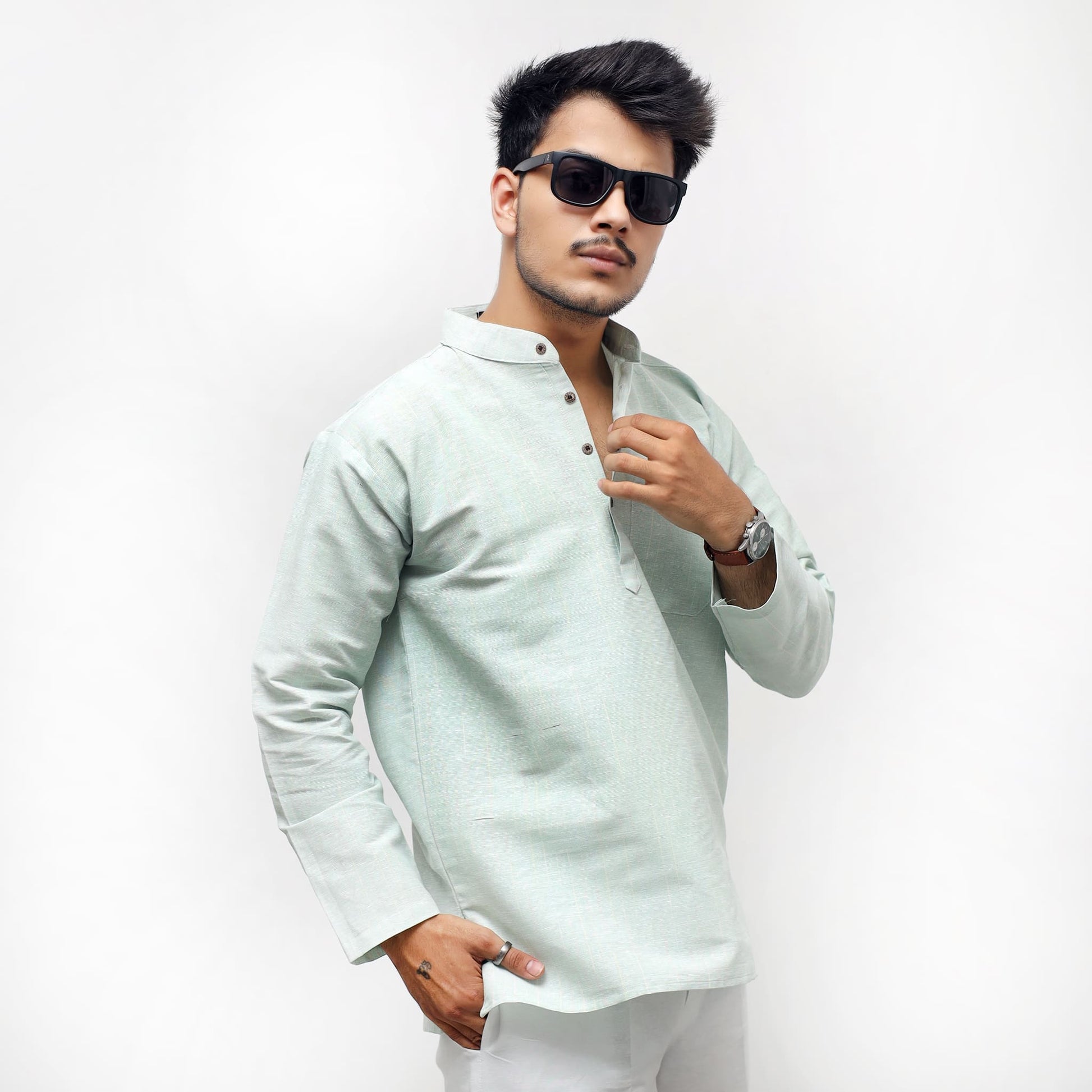 Green Tone Regular Softline Full Sleeves Khadi Cotton Short Kurta front style