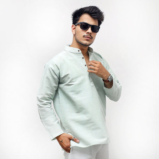 Green Tone Regular Softline Full Sleeves Khadi Cotton Short Kurta front style
