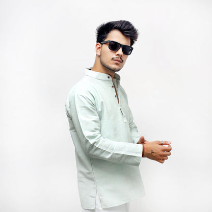 Green Tone Khadi Cotton Short Kurta modern fit angled view