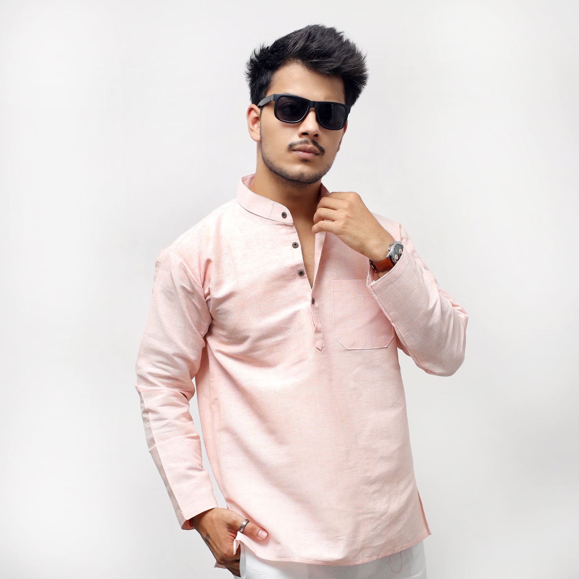 Orange Tone Regular Softline Full Sleeves Khadi Cotton Short Kurta front view