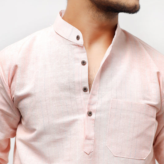 Orange Tone Khadi Cotton Short Kurta mandarin collar detail