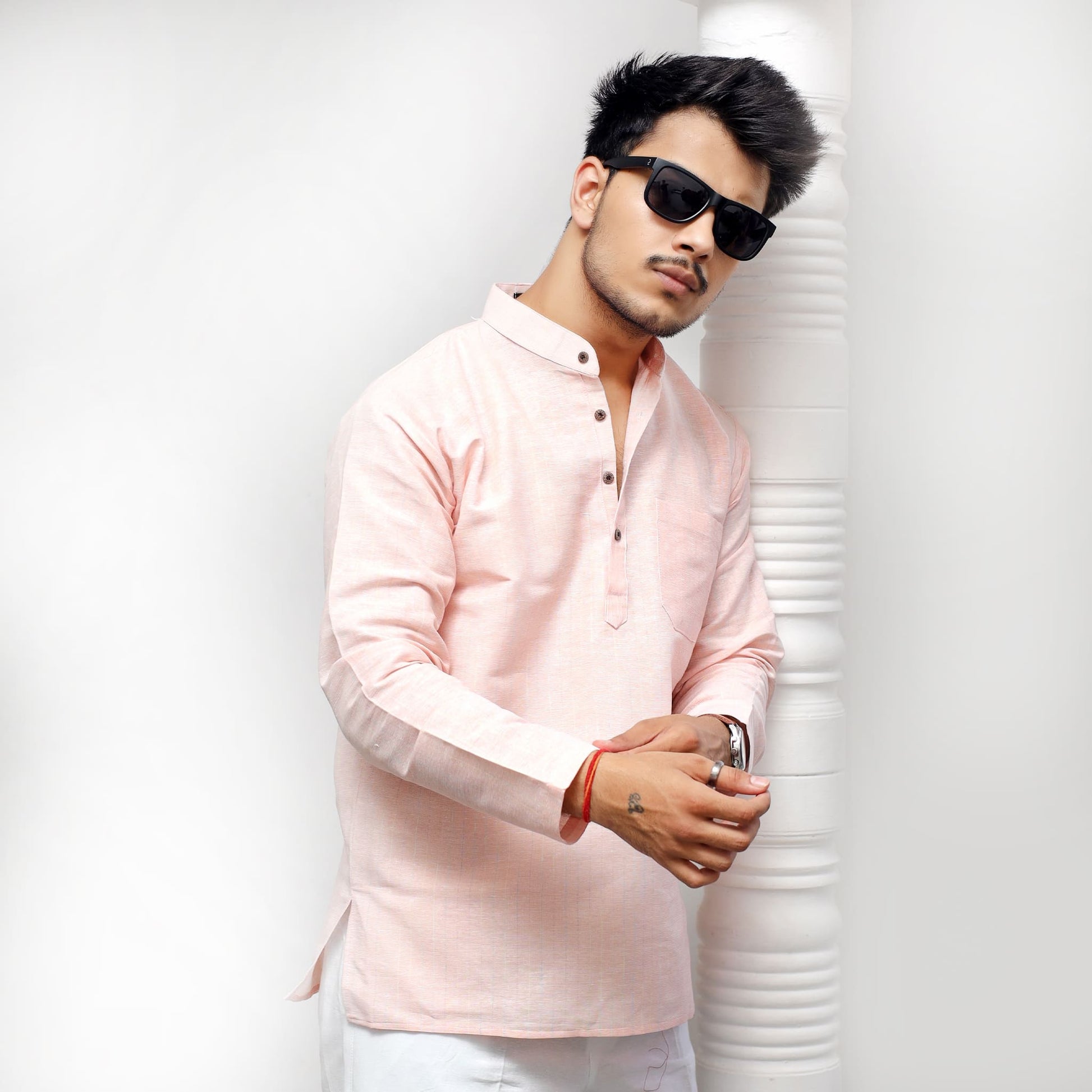 Orange Tone Khadi Cotton Short Kurta angled look modern fit