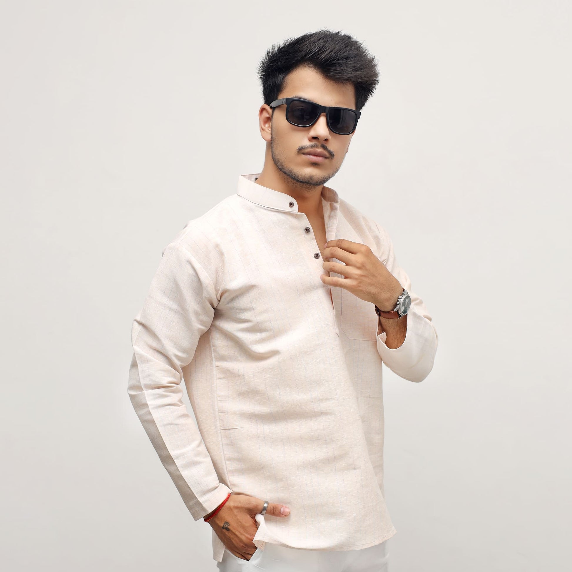 Yellow Tone Regular Softline Full Sleeves Khadi Cotton Short Kurta front look