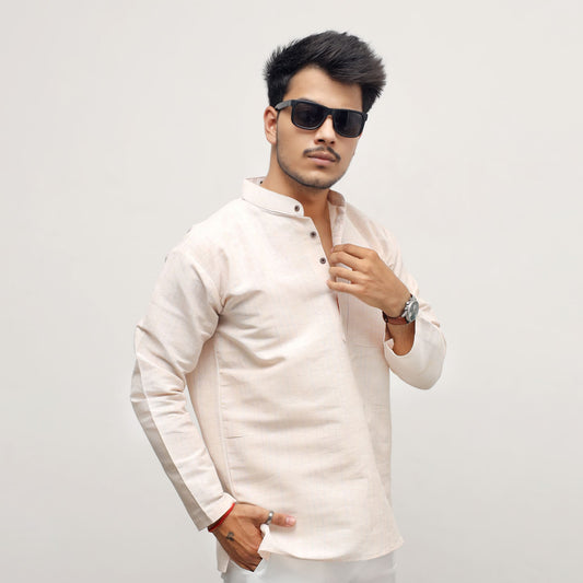 Yellow Tone Regular Softline Full Sleeves Khadi Cotton Short Kurta front look