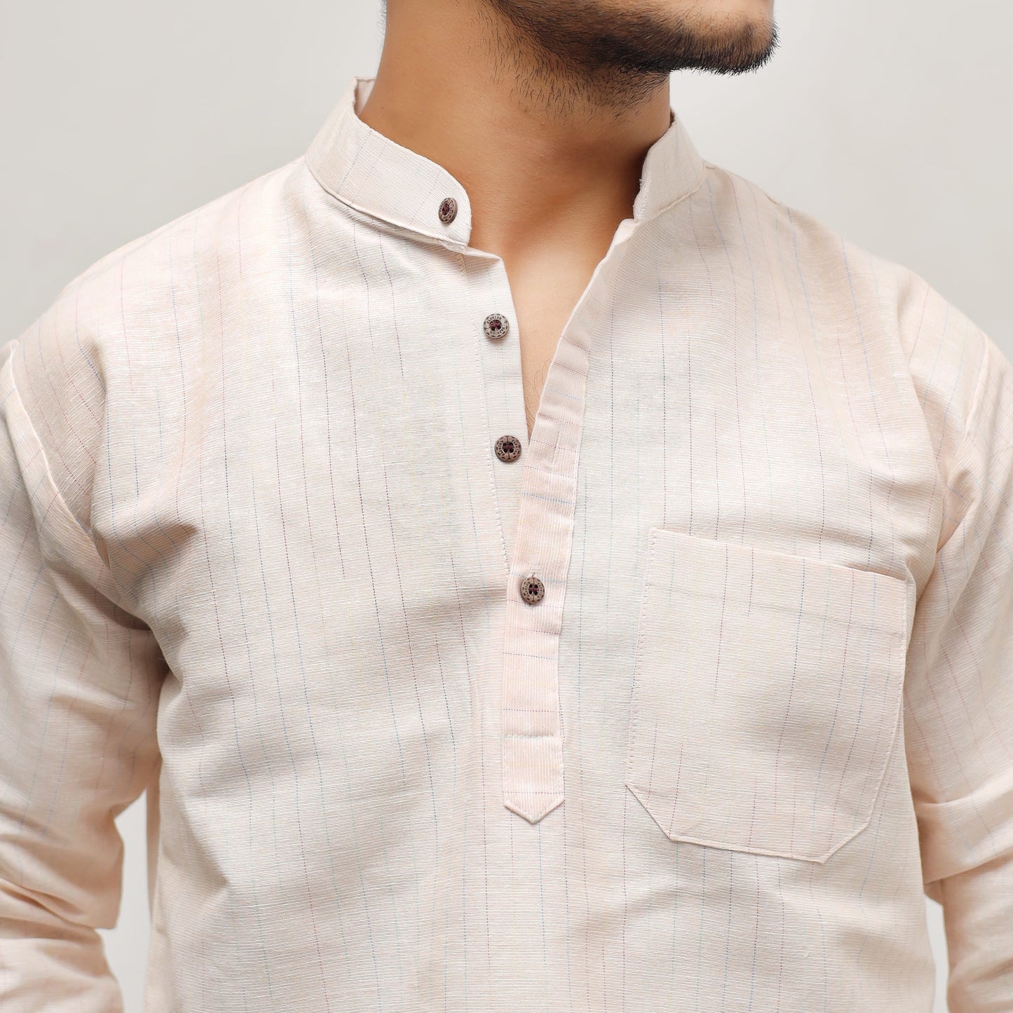 Yellow Tone Khadi Cotton Short Kurta collar close-up detail