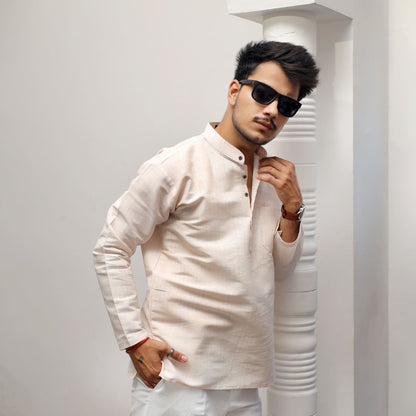 Yellow Tone Khadi Cotton Short Kurta side angle modern fit