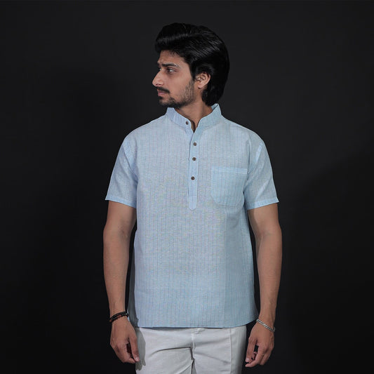 Blue Softline half sleeves khadi short kurta front view men