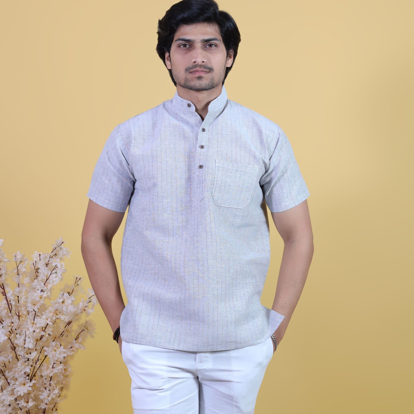men wearing grey softline khadi short kurta front look