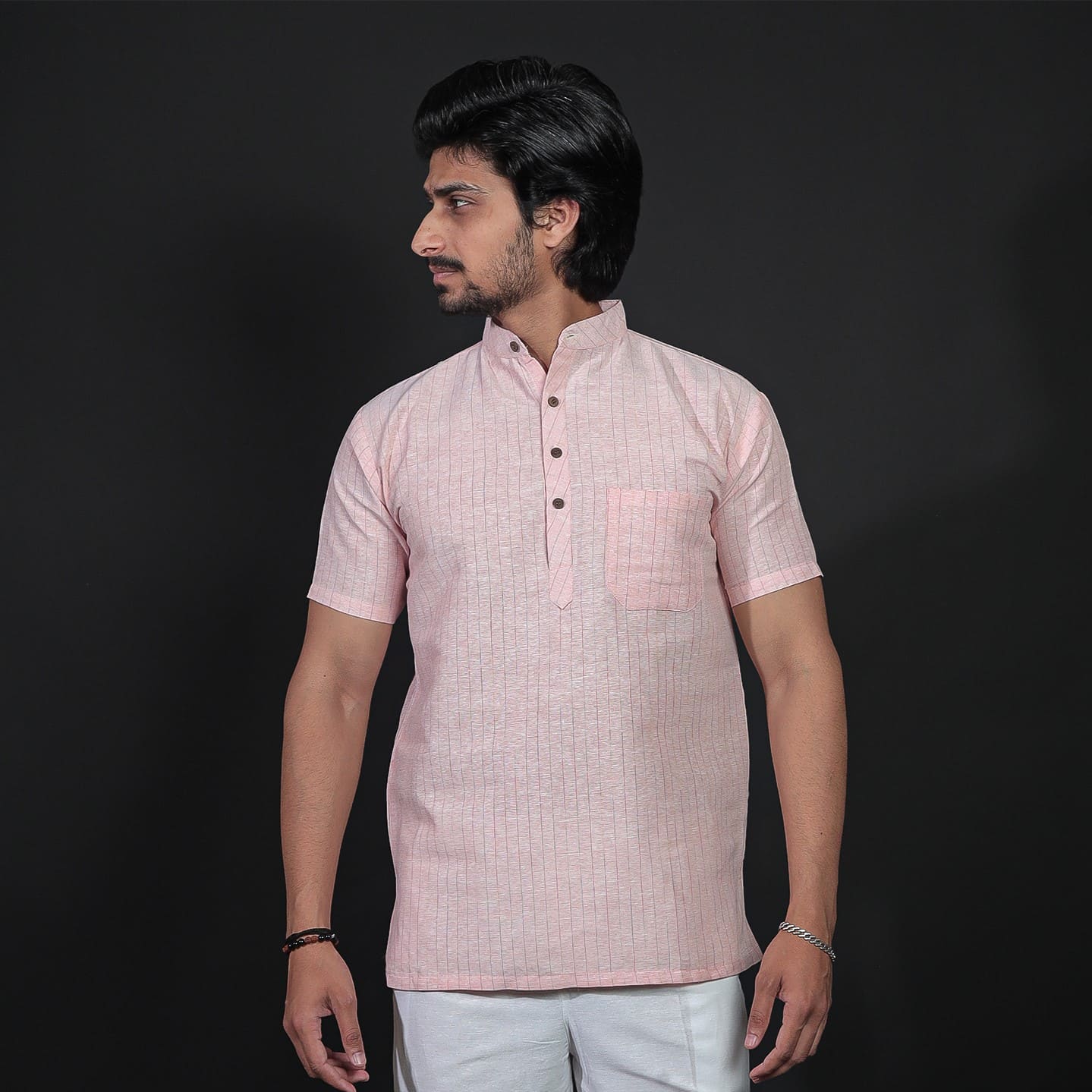 Orange softline half sleeves khadi short kurta front view for men