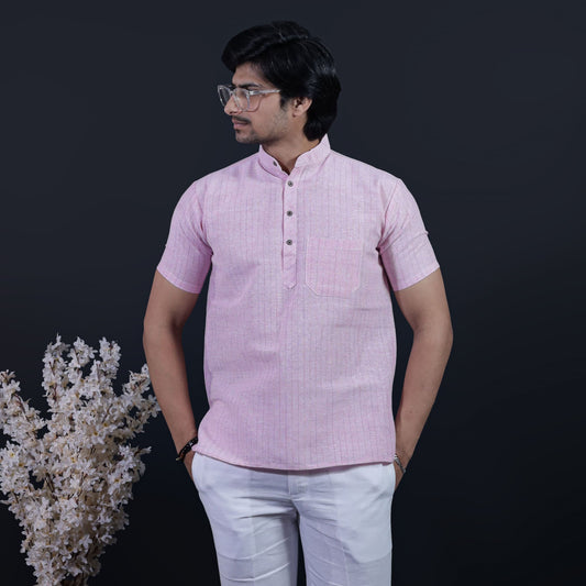 Pink Softline half sleeves khadi short kurta front look for men