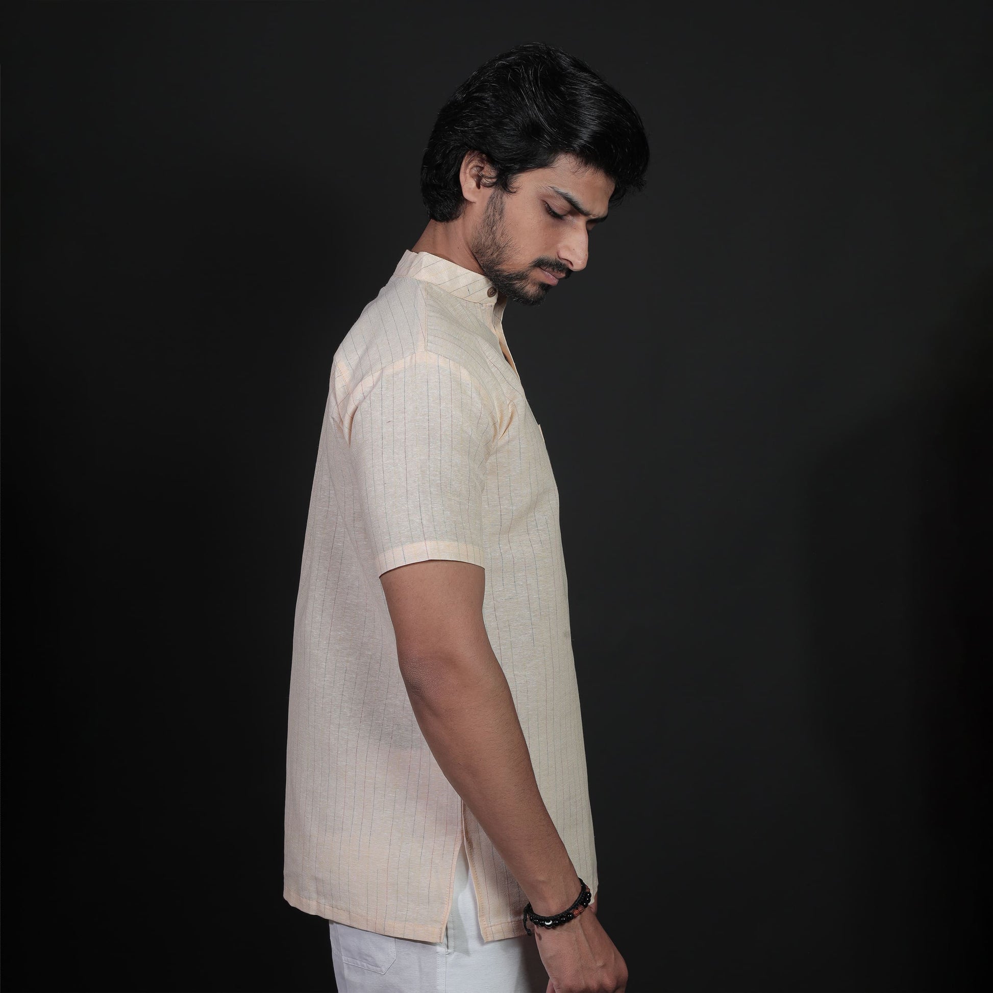 side profile yellow half sleeves khadi kurta relaxed fit