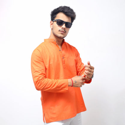 Orange Solid Full Sleeves Khadi Cotton Short Kurta front view with mandarin collar