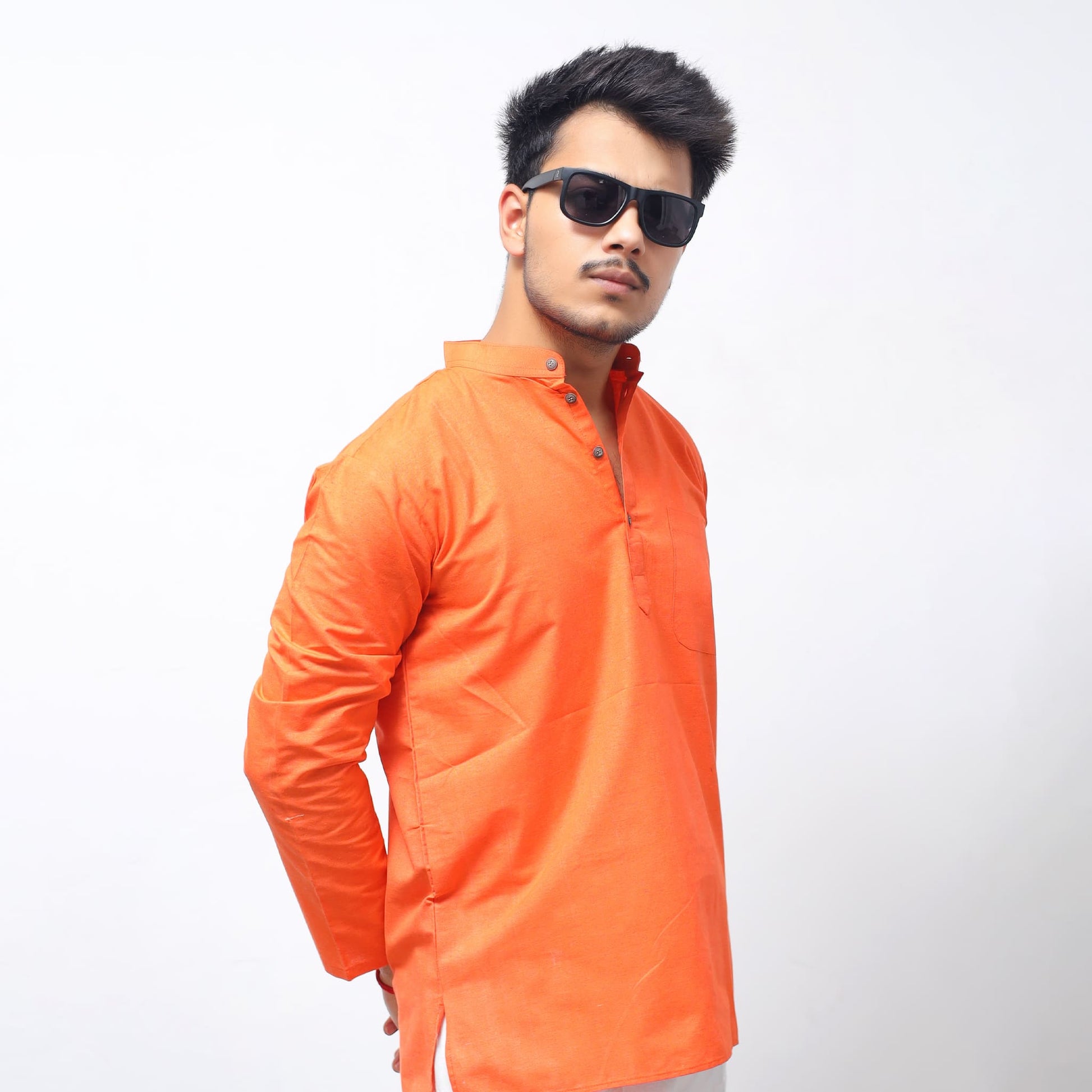 Orange Solid Full Sleeves Khadi Cotton Short Kurta side profile with modern fit