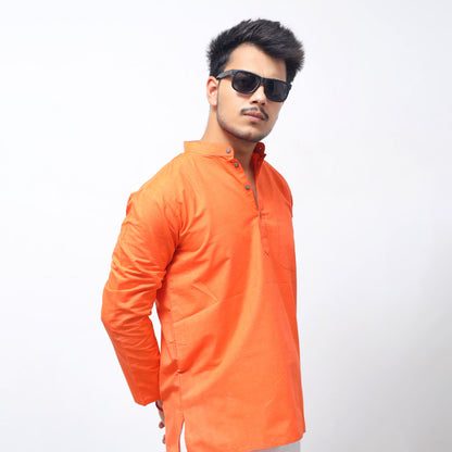 Orange Solid Full Sleeves Khadi Cotton Short Kurta side profile with modern fit