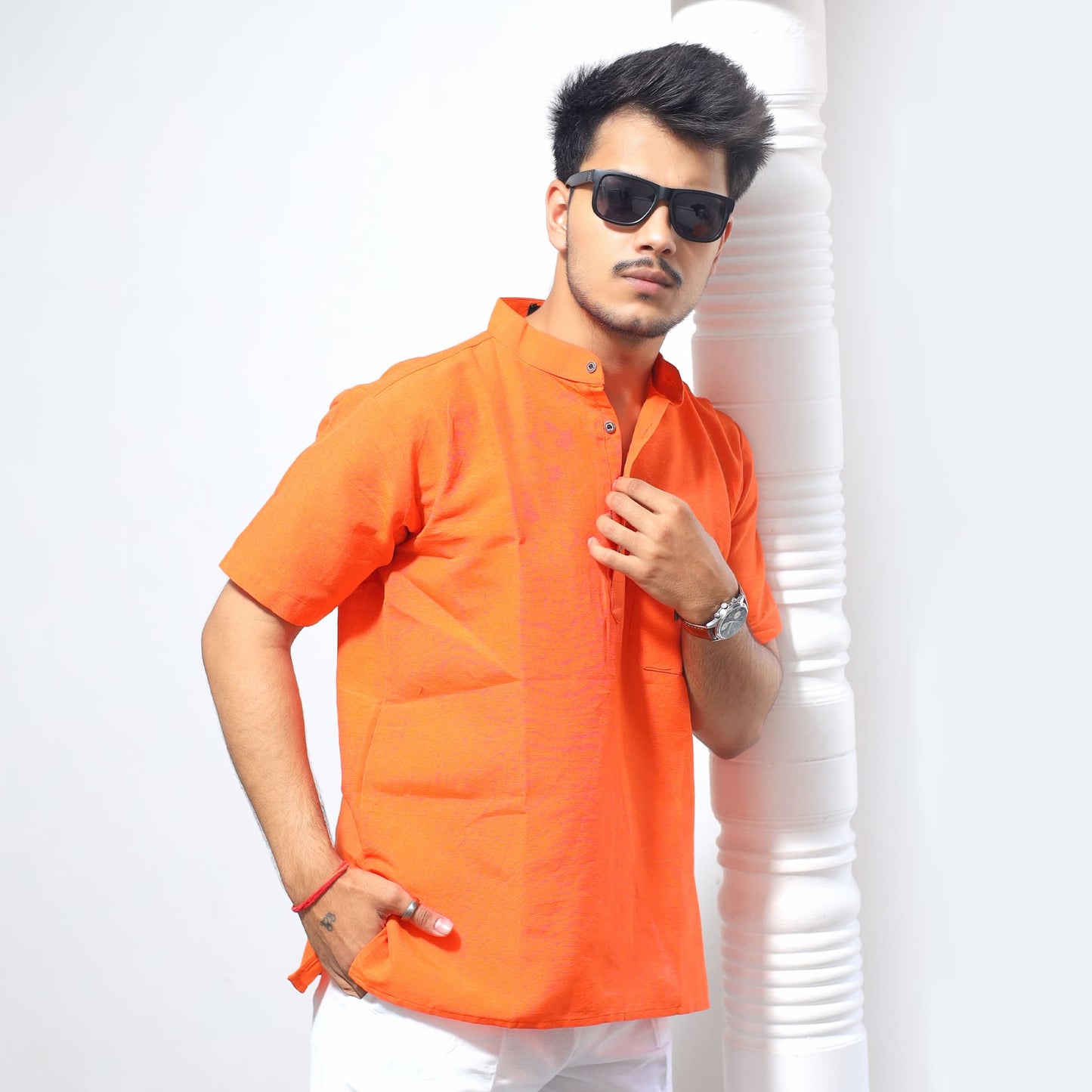 Orange khadi cotton kurta premium fabric texture and collar detailing