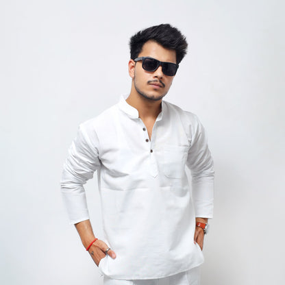 White Solid Full Sleeves Khadi Cotton Short Kurta front view on male model with sunglasses
