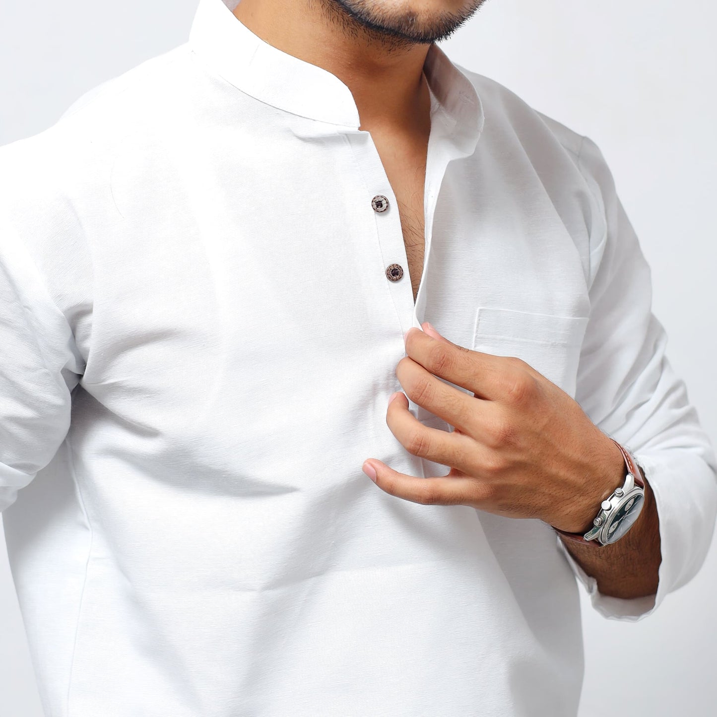 White Solid Full Sleeves Khadi Cotton Short Kurta close-up showing collar, buttons and pocket