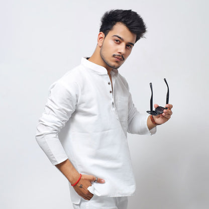 White Solid Full Sleeves Khadi Cotton Short Kurta side pose highlighting sleeve fit and silhouette