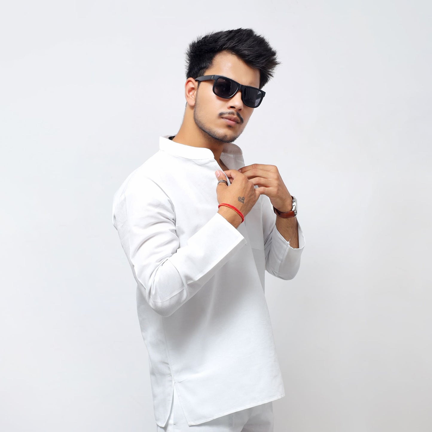 White Solid Full Sleeves Khadi Cotton Short Kurta angled view with collar detailing and fit