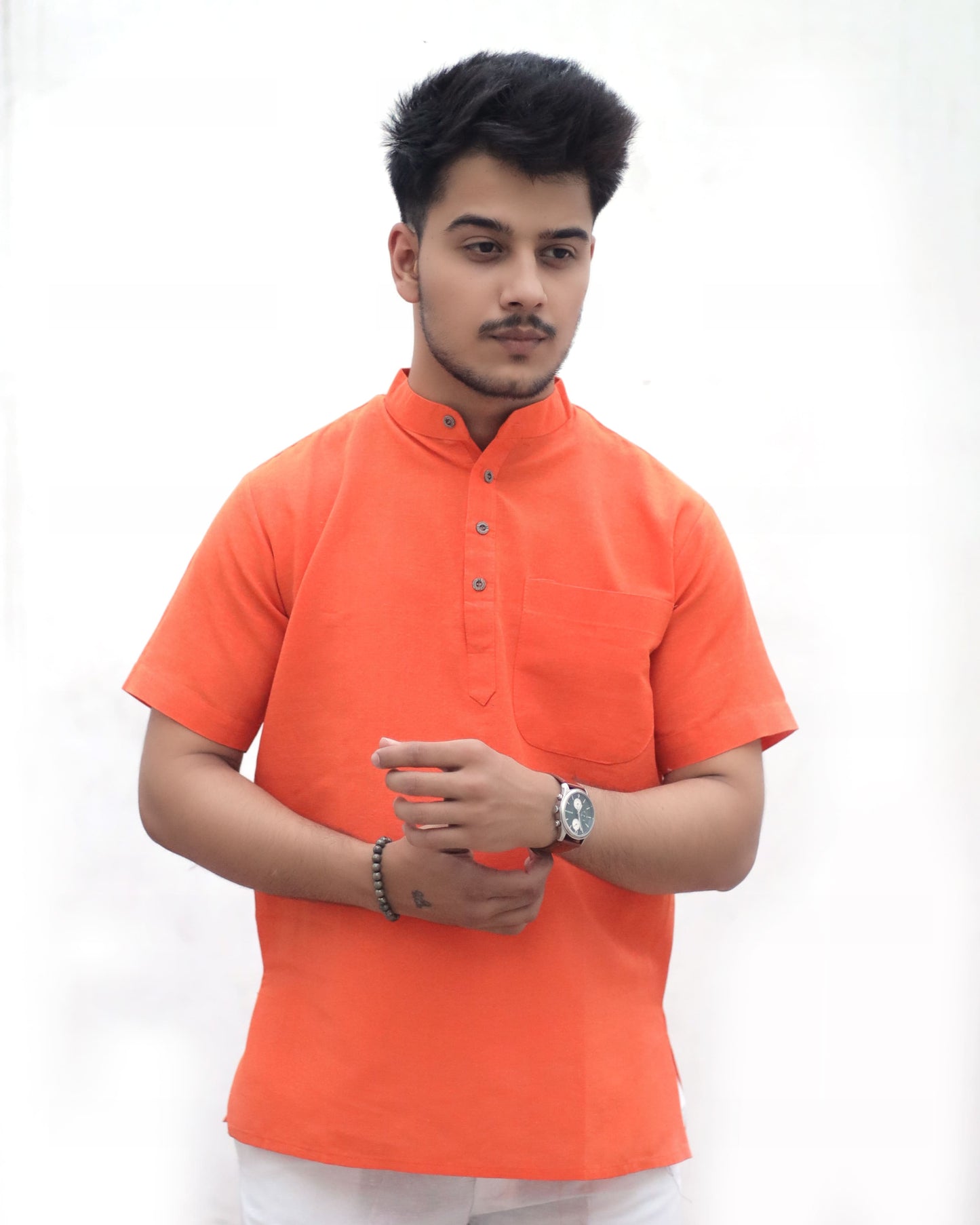 Orange solid khadi cotton short kurta half sleeves front view men