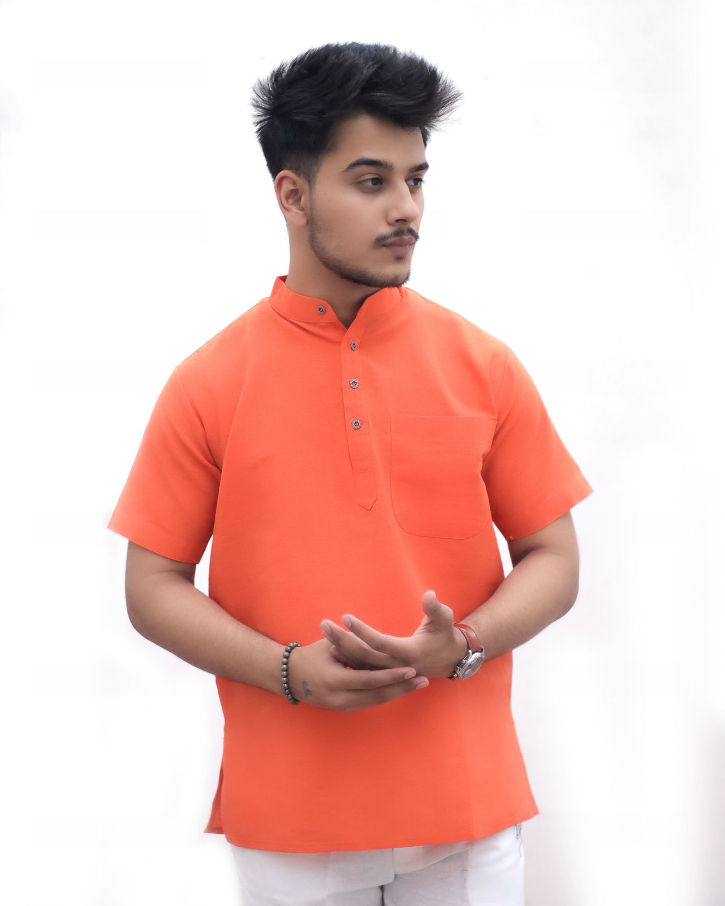 Front view men orange solid khadi cotton short kurta half sleeves