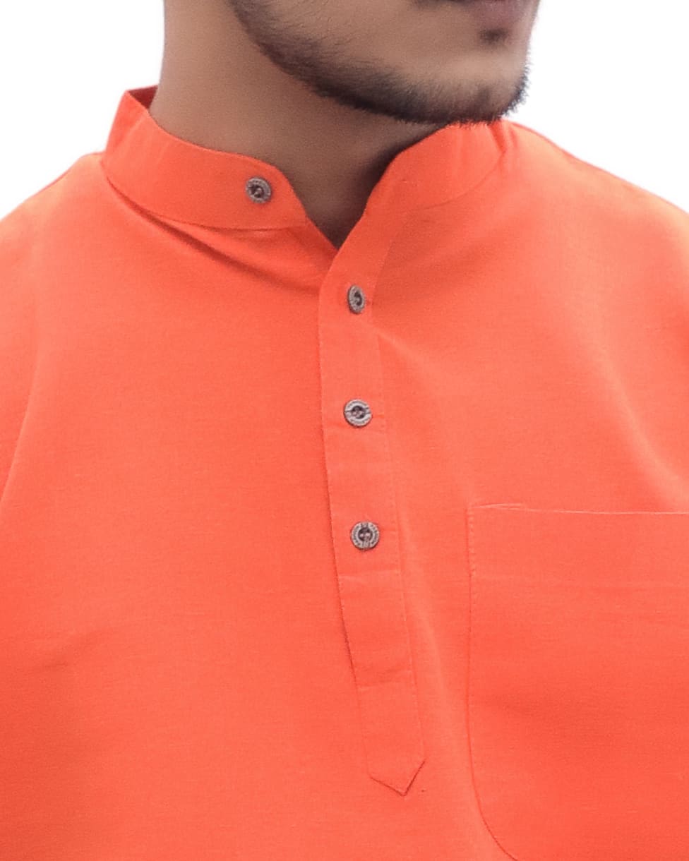 Orange khadi kurta front pose with mandarin collar detail