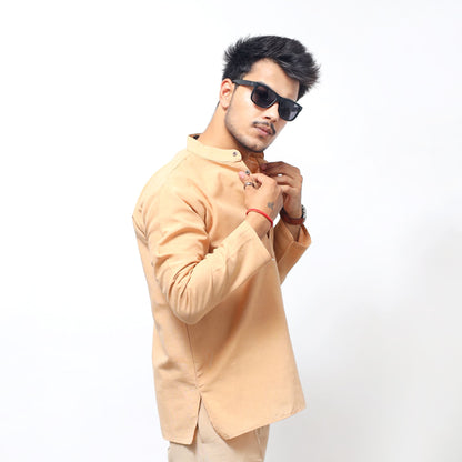 Beige Solid Full Sleeves Khadi Cotton Short Kurta side styling pose