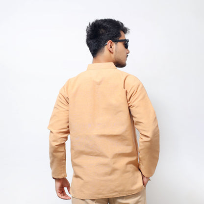 Beige Solid Full Sleeves Khadi Cotton Short Kurta back profile view