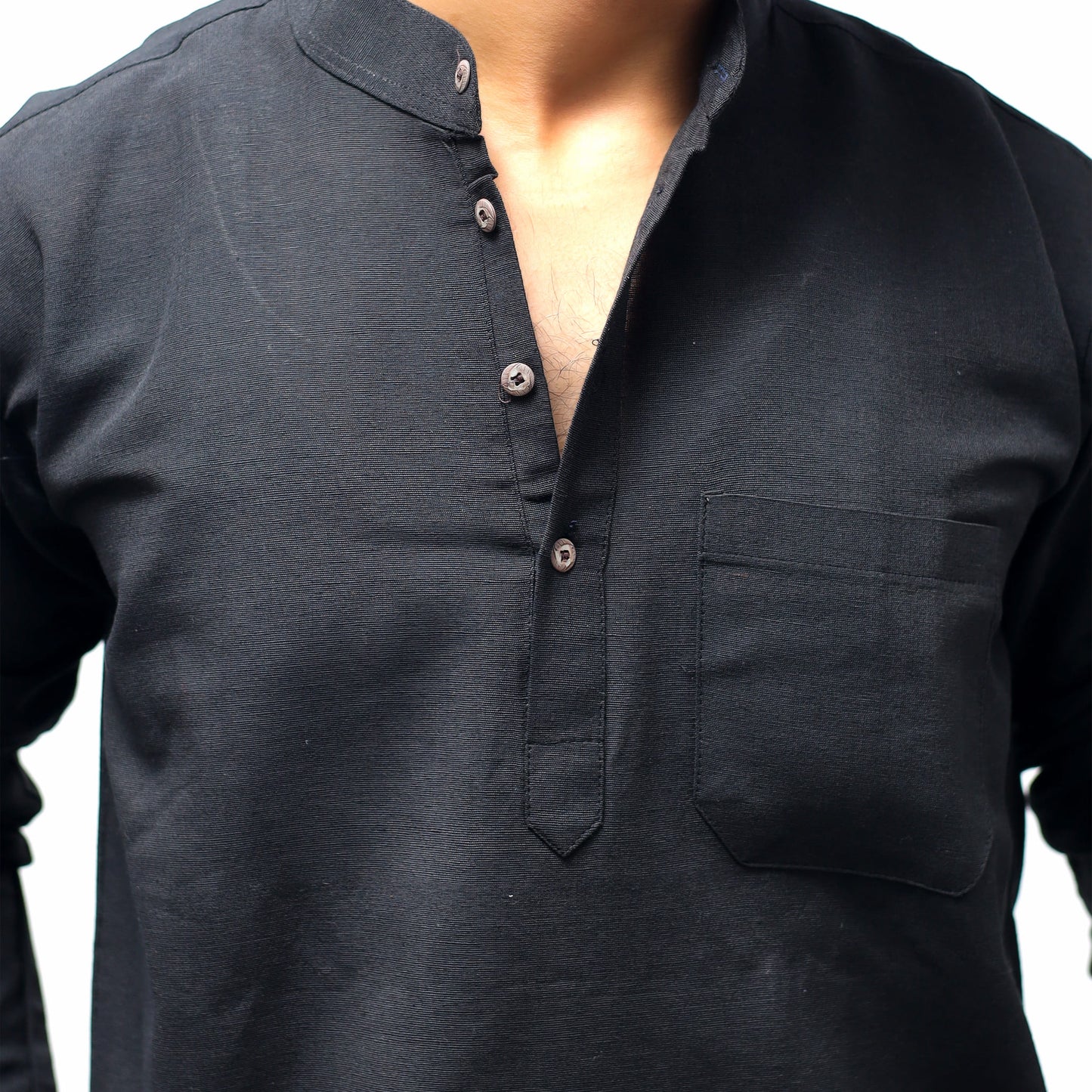Close-up of black khadi cotton short kurta showing mandarin collar buttons and chest pocket