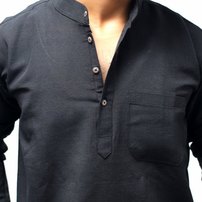 Close-up of black khadi cotton short kurta showing mandarin collar buttons and chest pocket