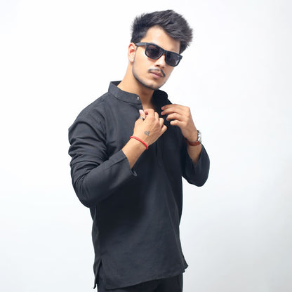 Black solid full sleeves khadi short kurta side pose adjusting collar stylish look