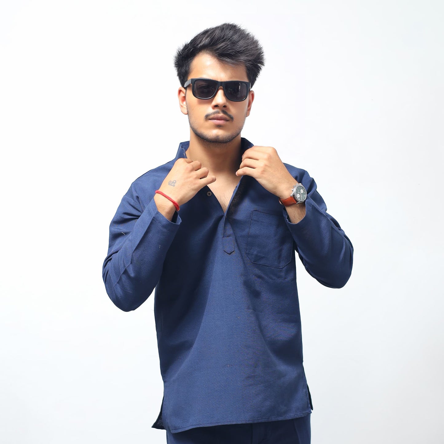 Blue Tone Solid Full Sleeves Khadi Cotton Short Kurta front view for men