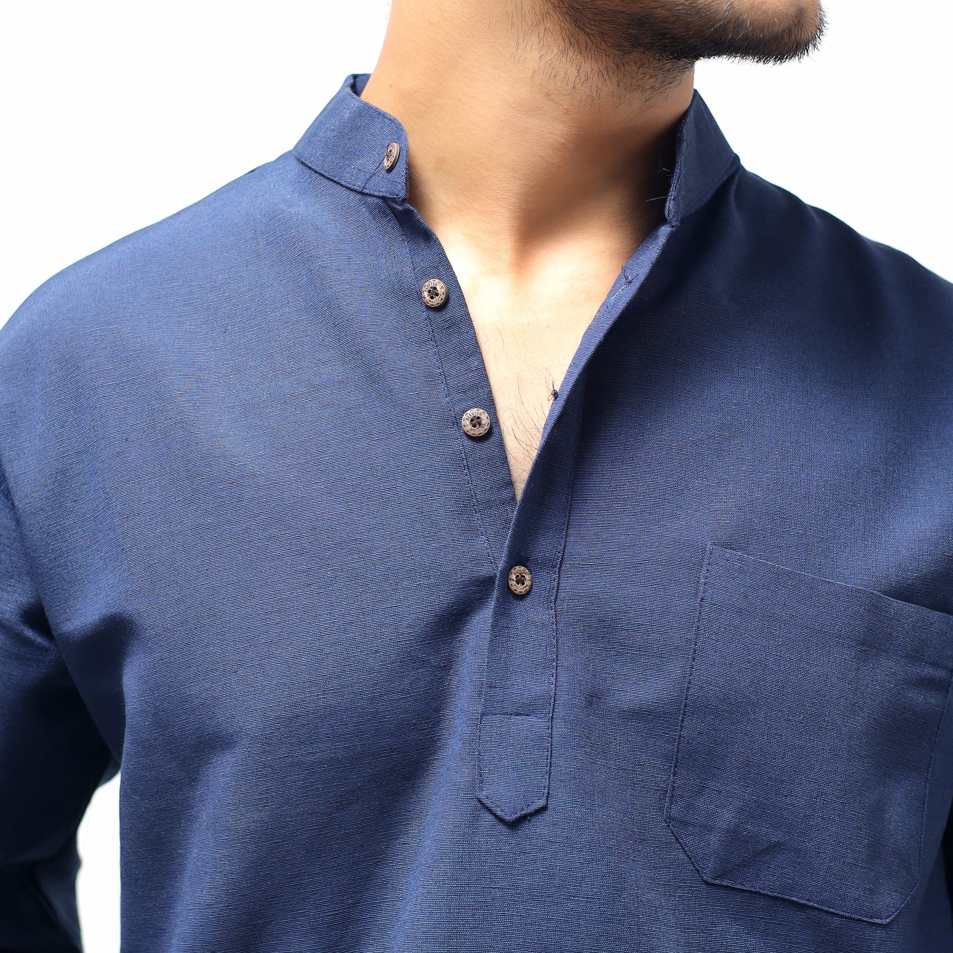 Blue khadi cotton short kurta mandarin collar close-up design