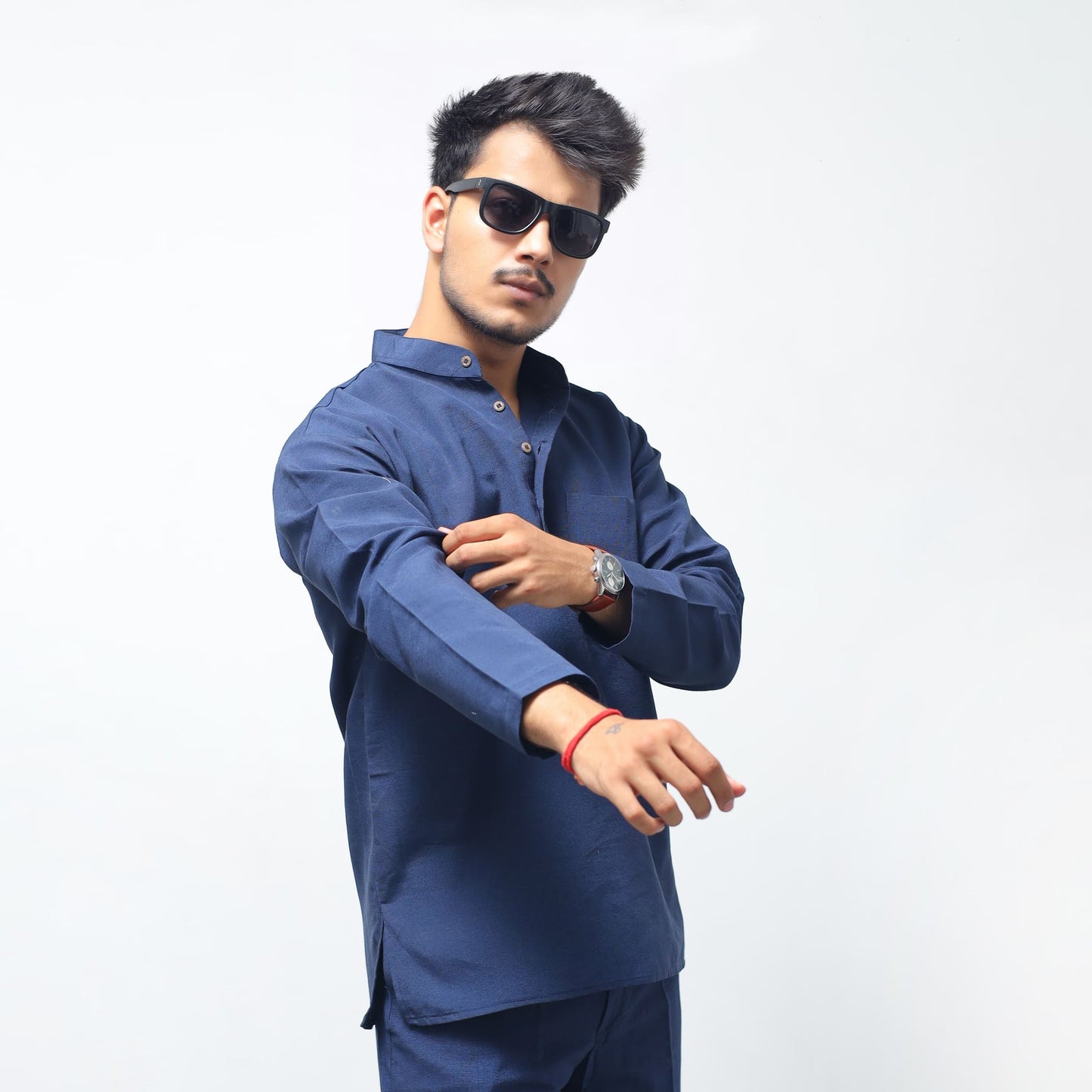 Mens Blue Tone Solid Full Sleeves Khadi Cotton Short Kurta casual styling