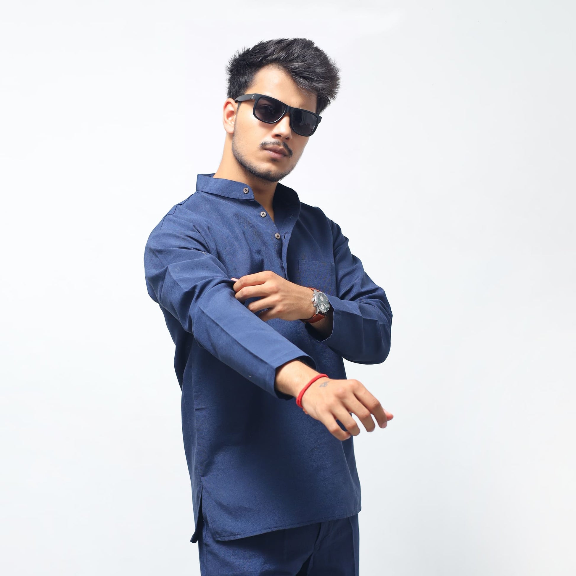 Mens Blue Tone Solid Full Sleeves Khadi Cotton Short Kurta casual styling