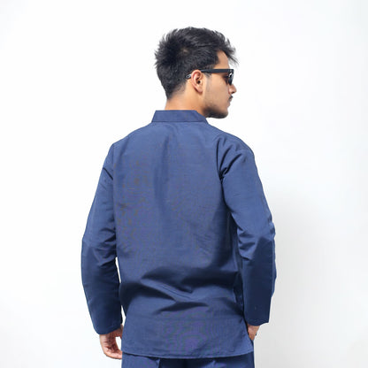 Blue Tone Solid Full Sleeves Khadi Cotton Short Kurta back side view